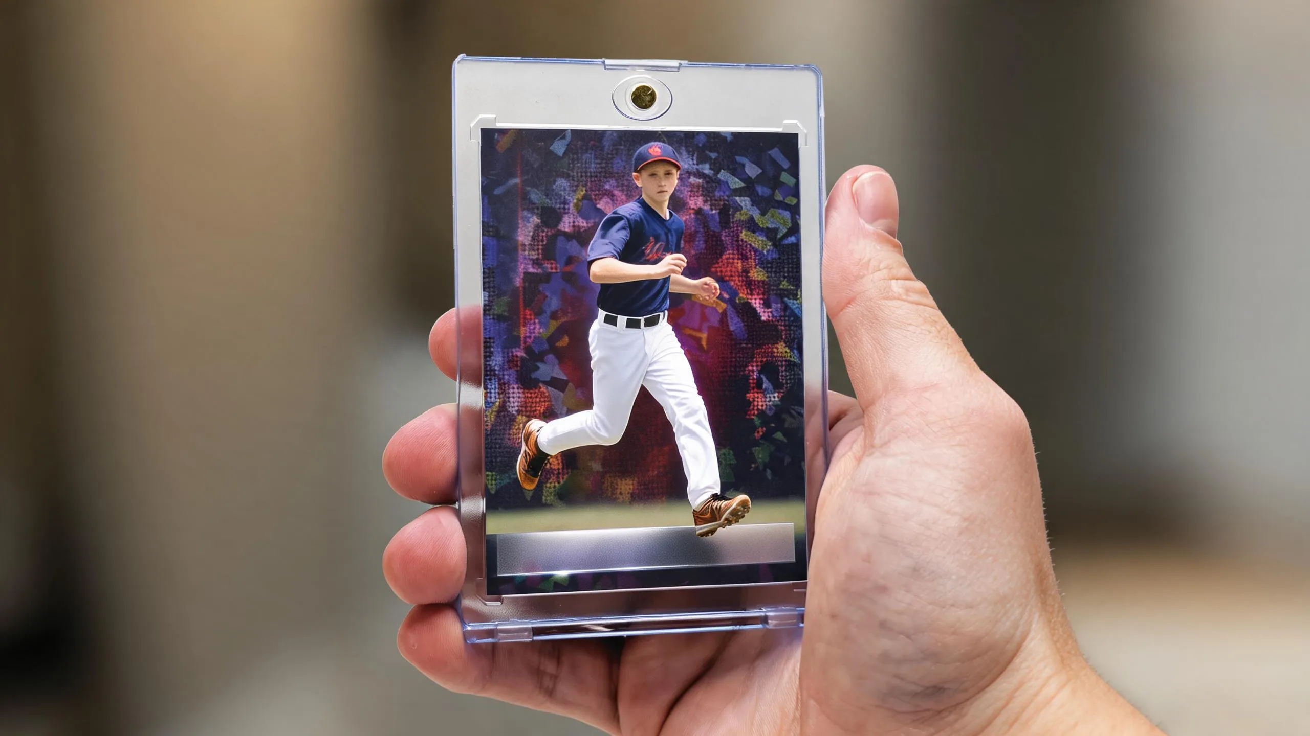Hand holding magnetic case with best trophy athlete card, golden-hour light, blank foil bar.