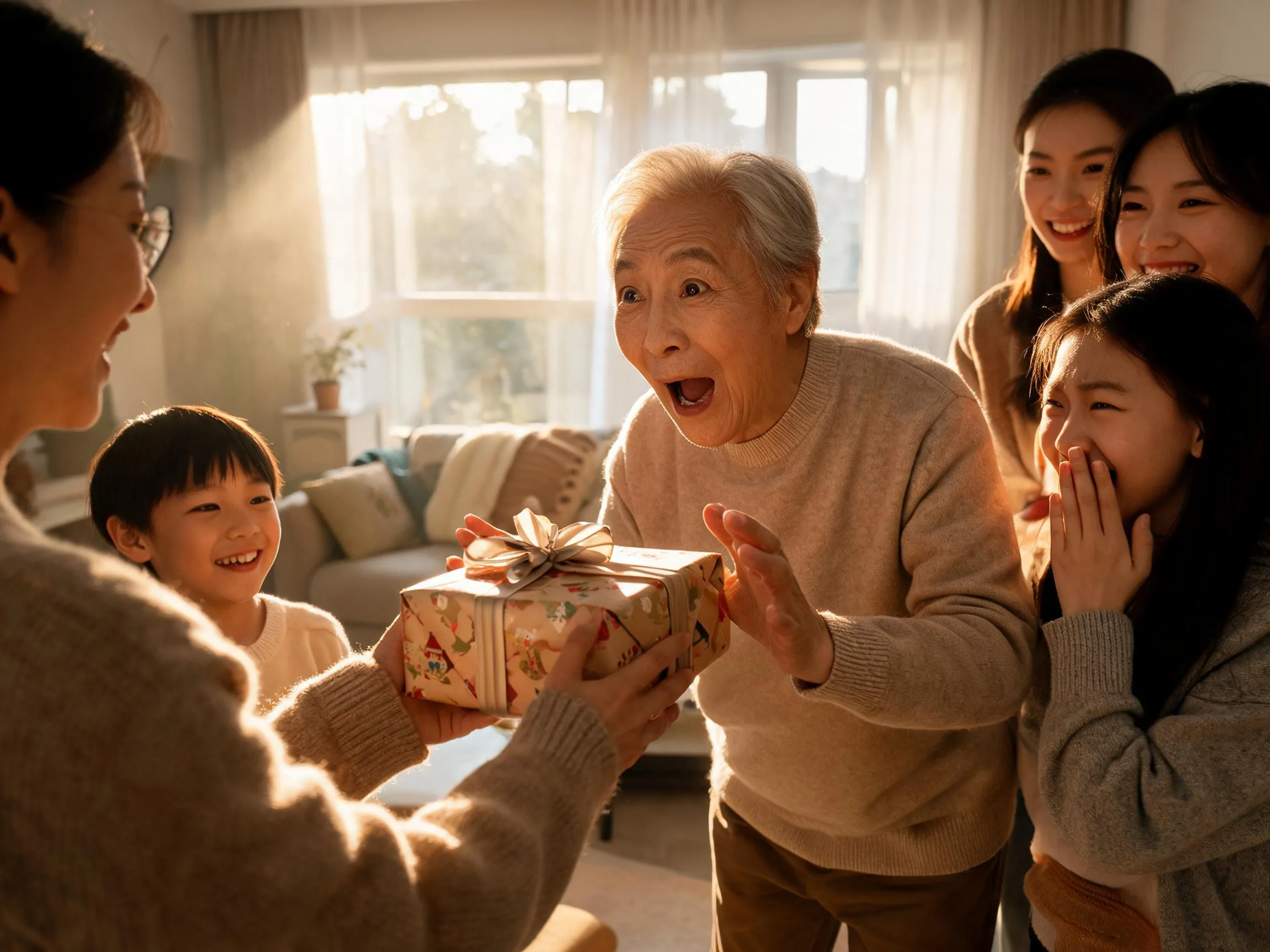 Family member reacting with joyful surprise while receiving an unexpected wrapped gift indoors.