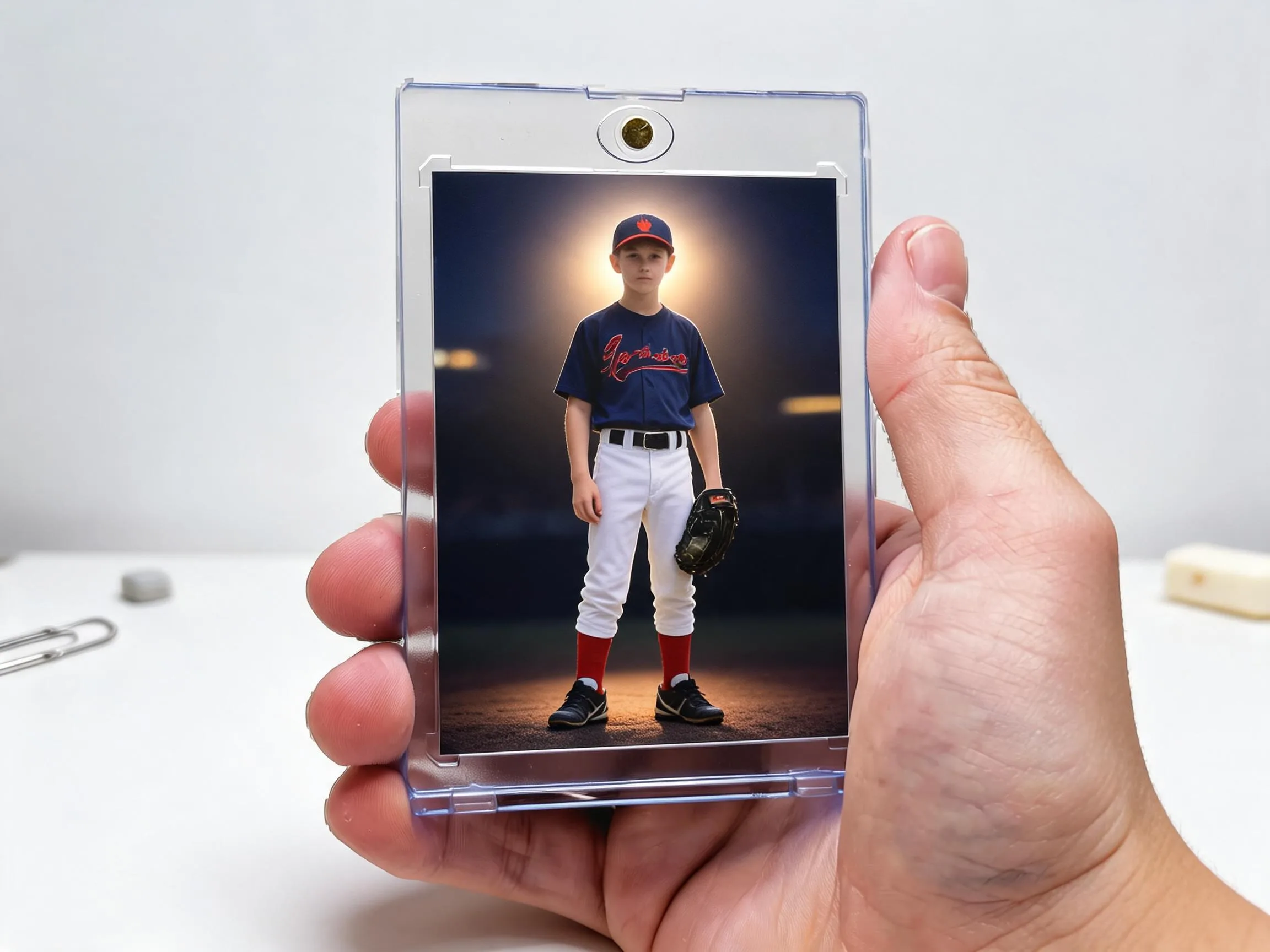 Custom keepsake trading card in magnetic case on white tabletop display.