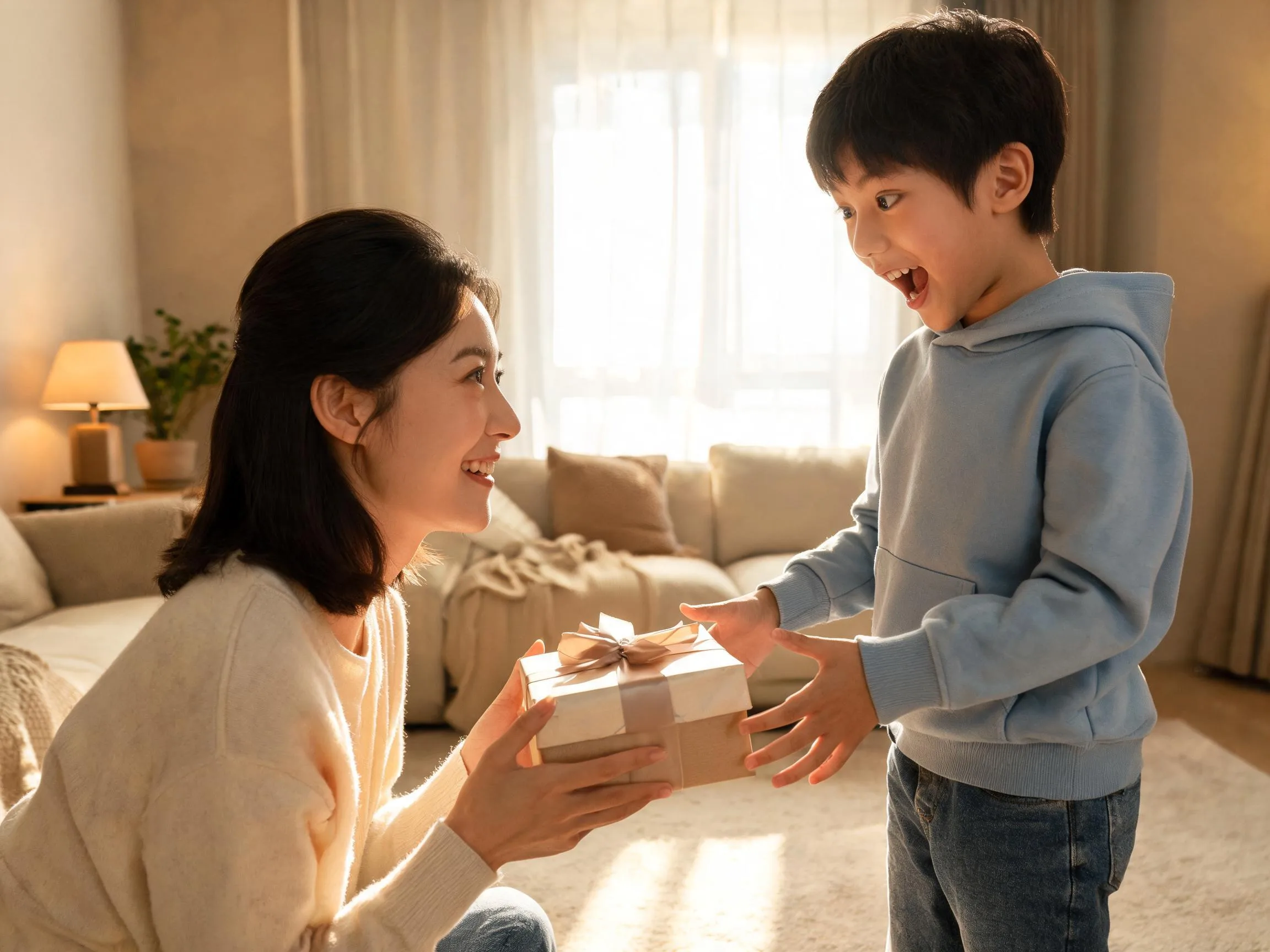 Young child reacting with genuine surprise while receiving an unexpected gift indoors.