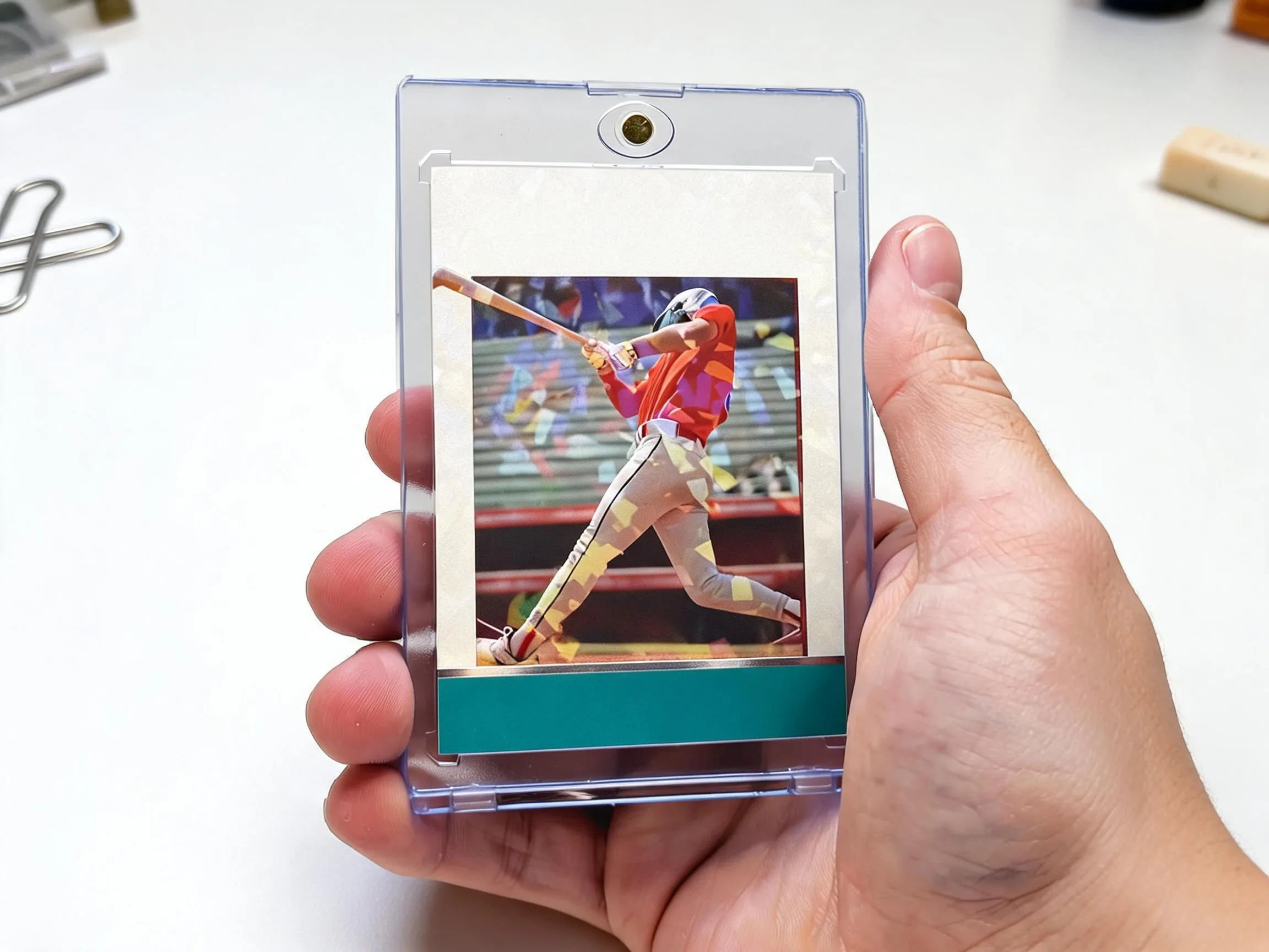 Custom keepsake trading card of a young athlete displayed in a clear magnetic case.