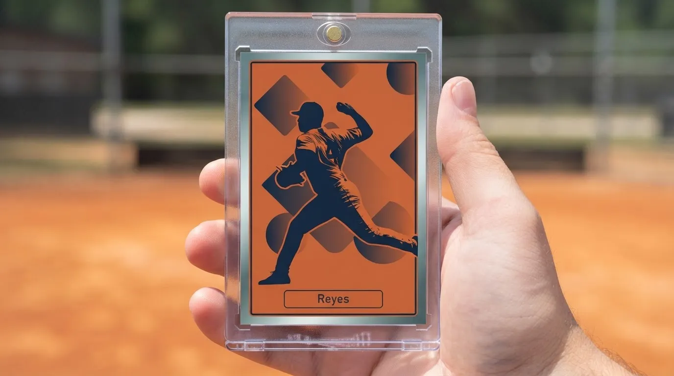 Hand holding magnetic case with duotone baseball card, showing best way to buy baseball cards.