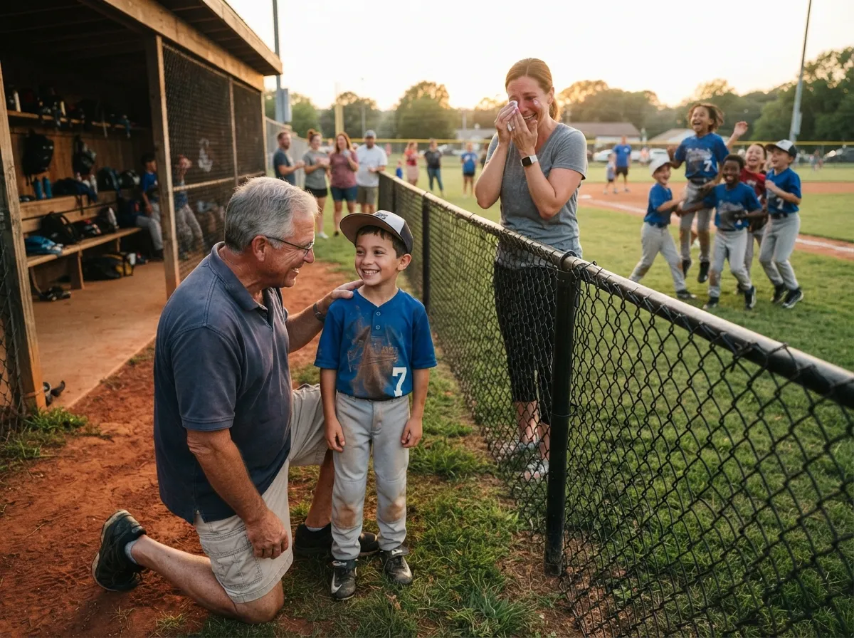 Coach and young athlete share proud emotional moment on baseball field together.