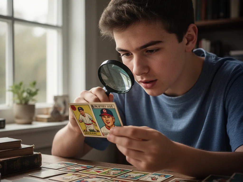 [Young collector closely inspecting classic baseball card with magnifying glass and wonder]