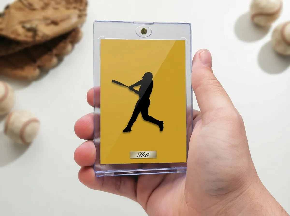 Custom baseball trading card in magnetic case with bold yellow editorial design.