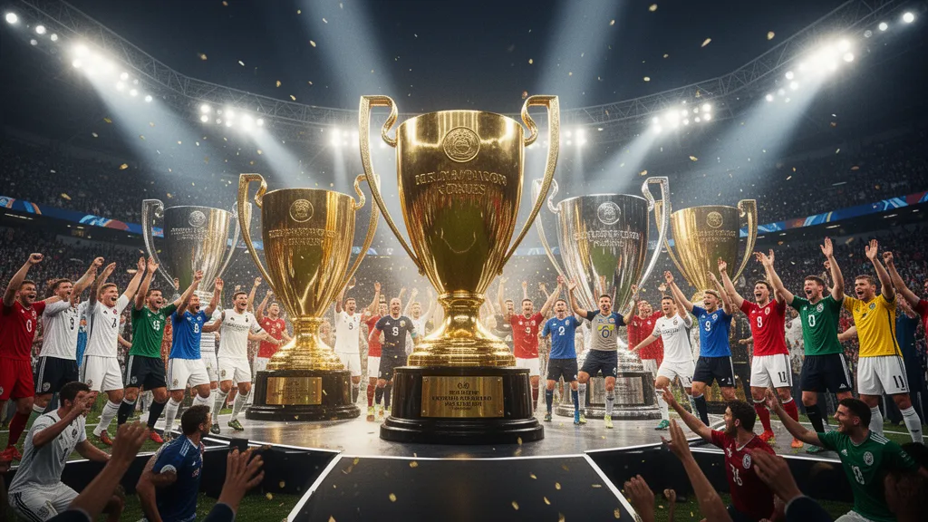 Oversized golden and silver trophies on stage surrounded by celebrating athletes in motion under stadium lights