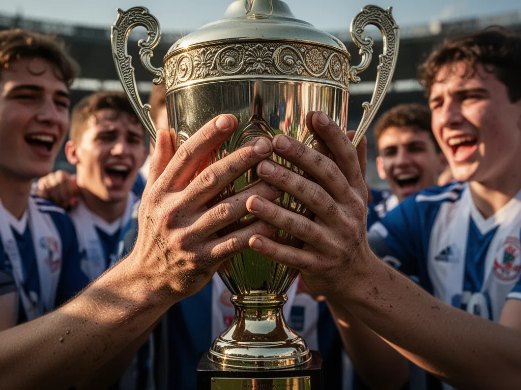 Athlete's hands gripping a large ornate trophy with teammates celebrating blurred in the background