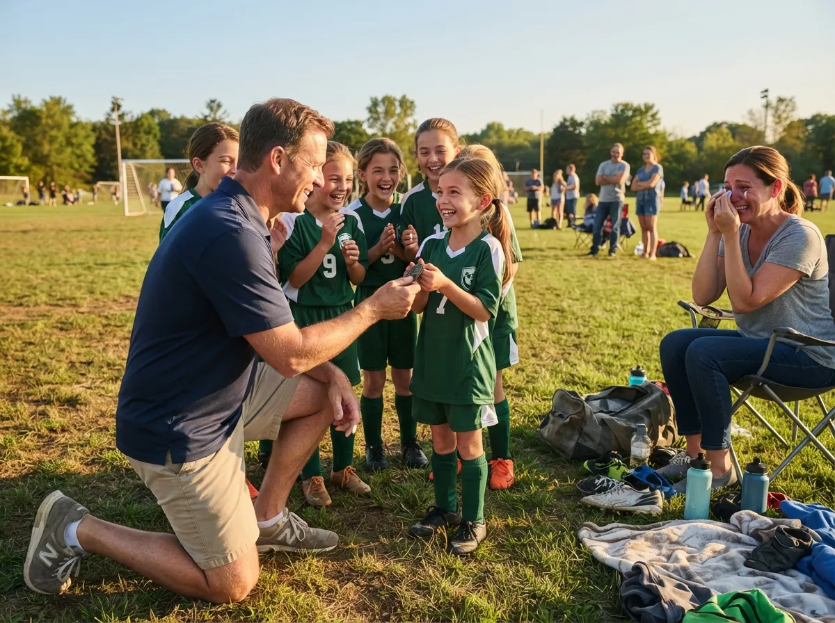 Coach and beaming young athlete share proud team celebration moment on sunlit field.