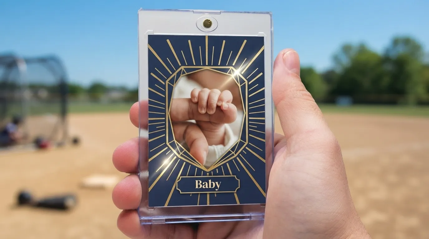 Newborn birth announcement card styled like a sports trading card displayed in a free magnetic case on a shelf