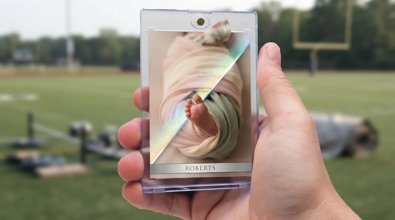 Hand holding magnetic case with chrome-finish birth announcement cards card on blurred sports field.