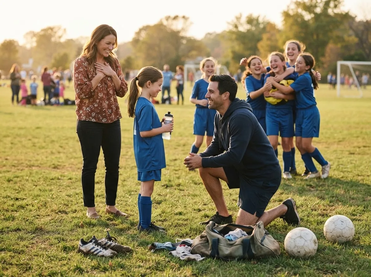 Coach and proud parent share emotional moment with young athlete on sunny field.