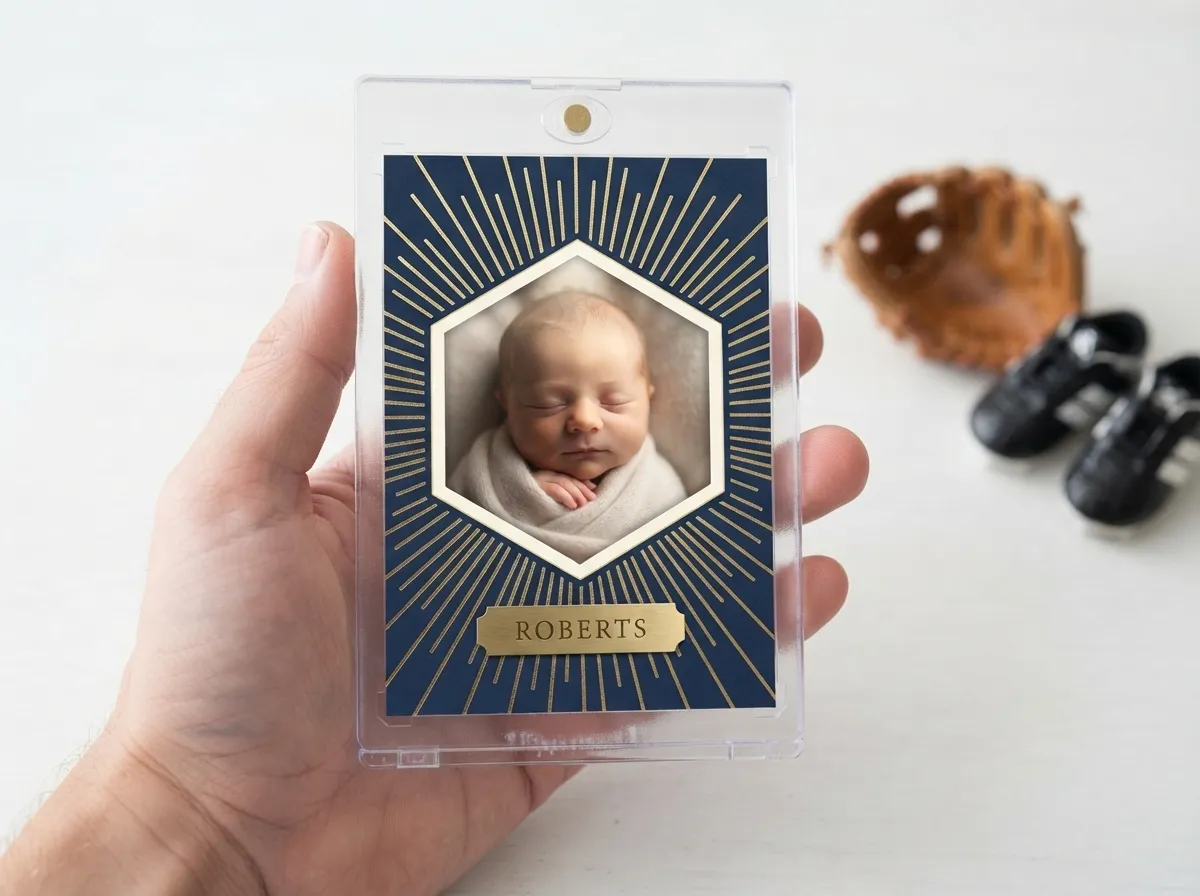 Custom sports trading card in magnetic case with gold foil newborn spotlight design.