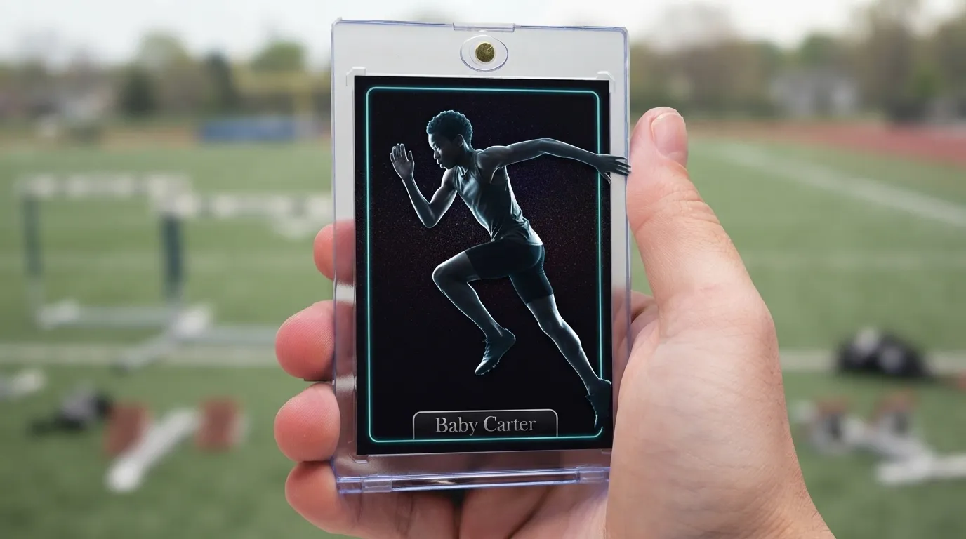 Hand holding magnetic case with birth announcement christmas card featuring glowing runner design.