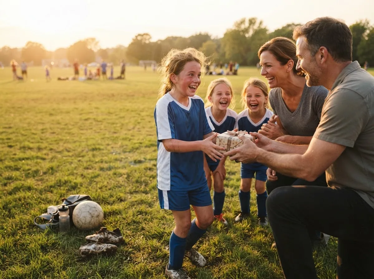 Family surprises young athlete with wrapped gift on sunny sports field, joyful reaction.