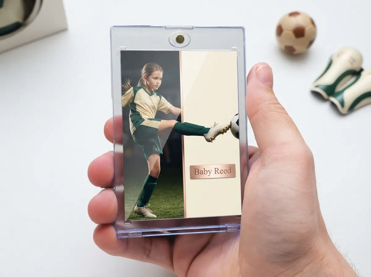 Custom sports trading card in magnetic case showing soccer action photo and foil nameplate.