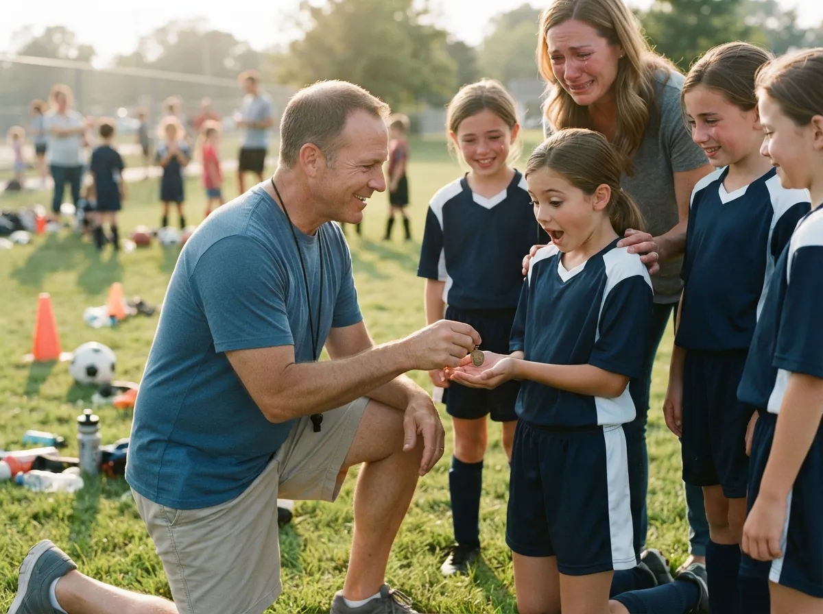 Coach shares a proud, emotional moment with a young athlete and cheering teammates outdoors.