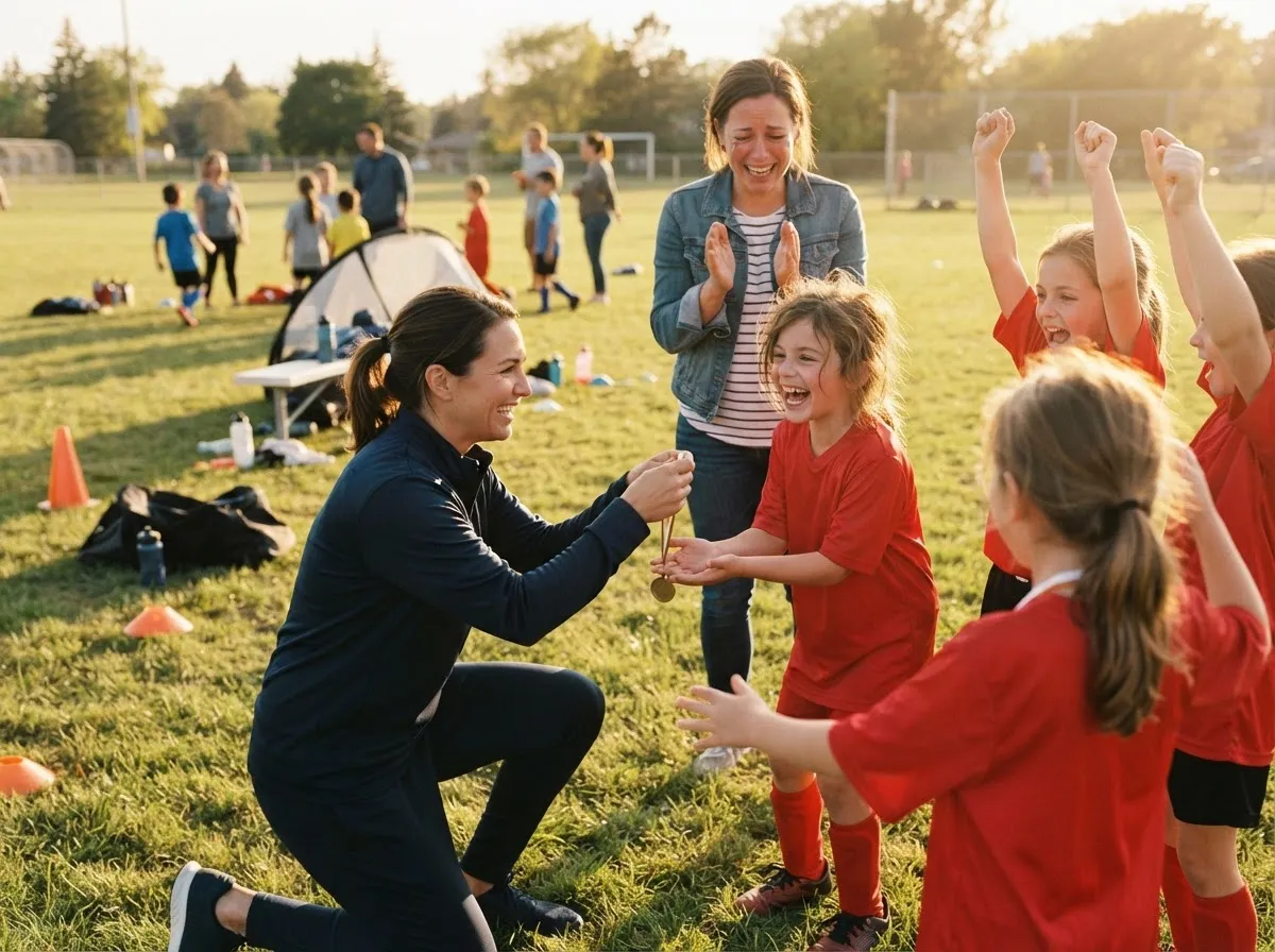 Coach and celebrating team share a warm proud moment with young athlete on sunlit field.