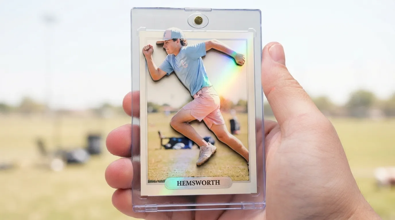 Hand holds magnetic case with birth announcement sign trading card of a sprinting young athlete.