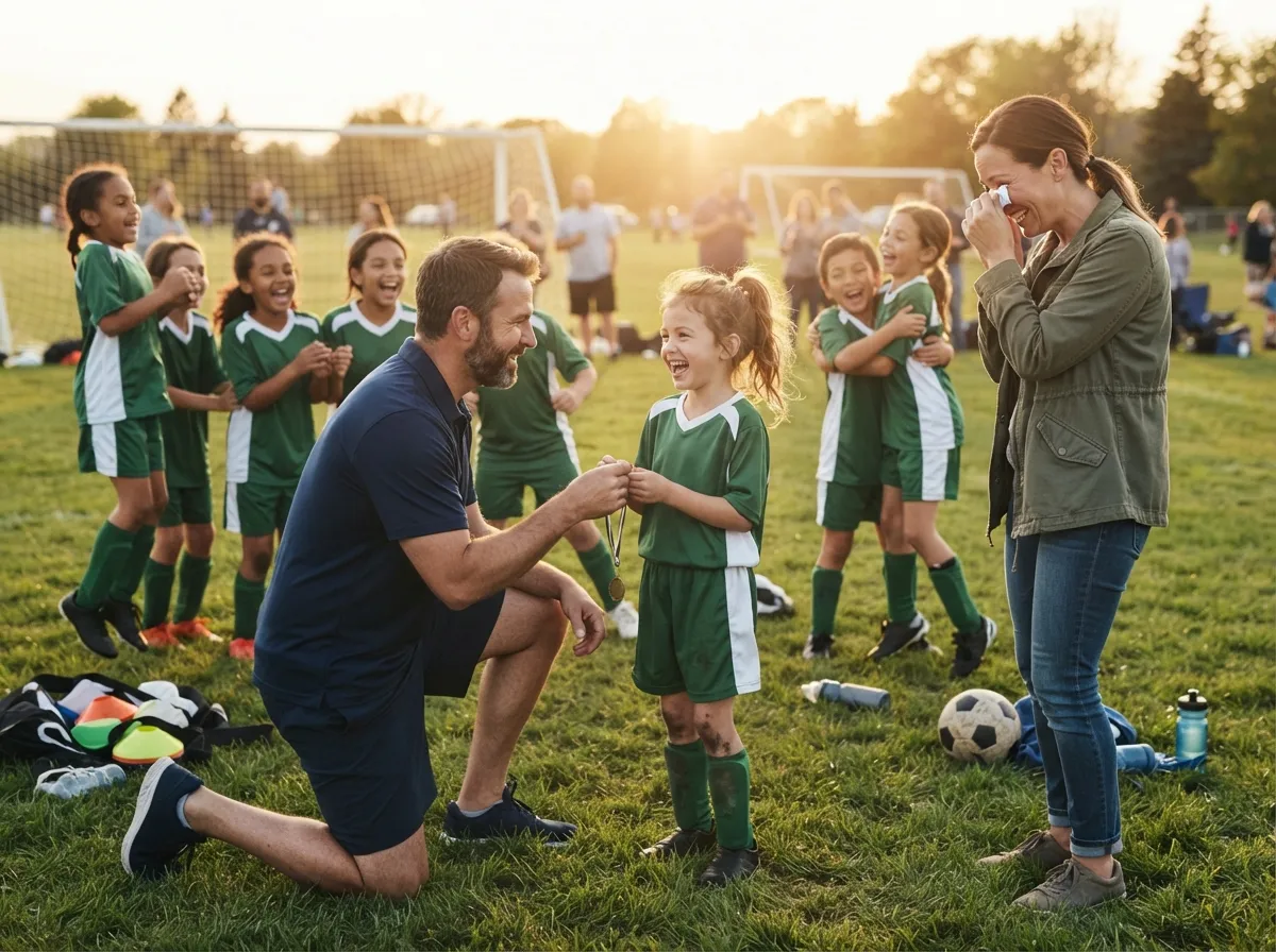 Coach and cheering teammates celebrate with young athlete and proud parent on field.