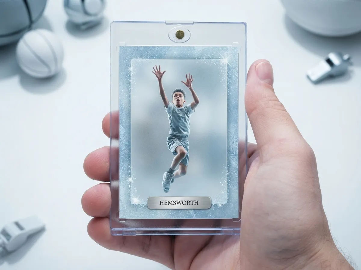 Custom sports trading card in magnetic case shows icy blue birth announcement design.