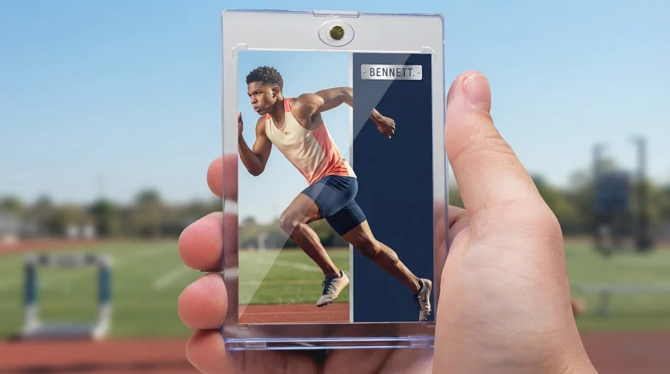 Hand holding magnetic case with birth announcement template sports card featuring sprinter action photo.