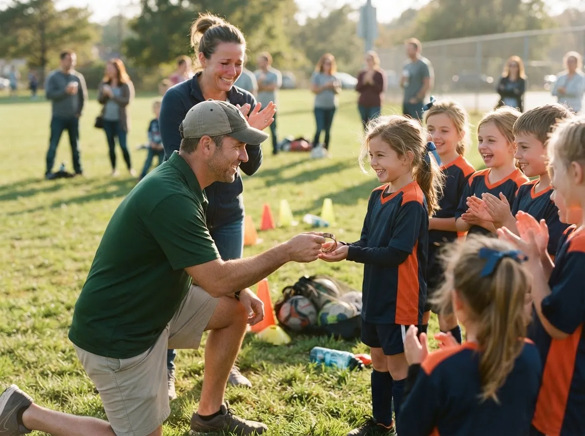 Coach and proud parent celebrate with young athlete on sunny sports field.