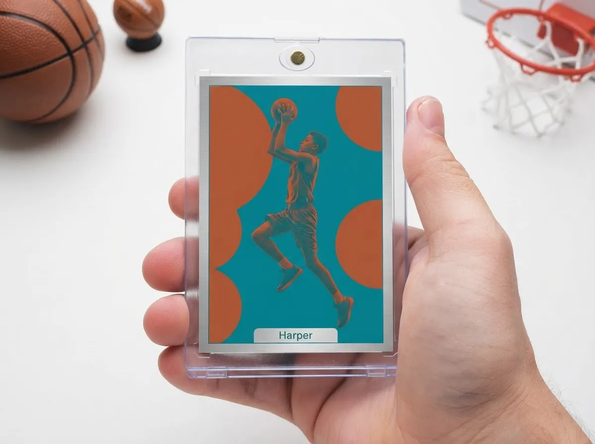 Custom sports trading card in magnetic case, teal and orange duotone basketball design.