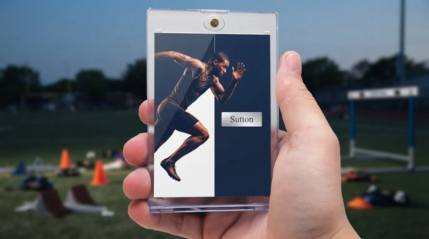 Hand holding magnetic case with birth announcement wording sports card, sprinter photo and foil nameplate.