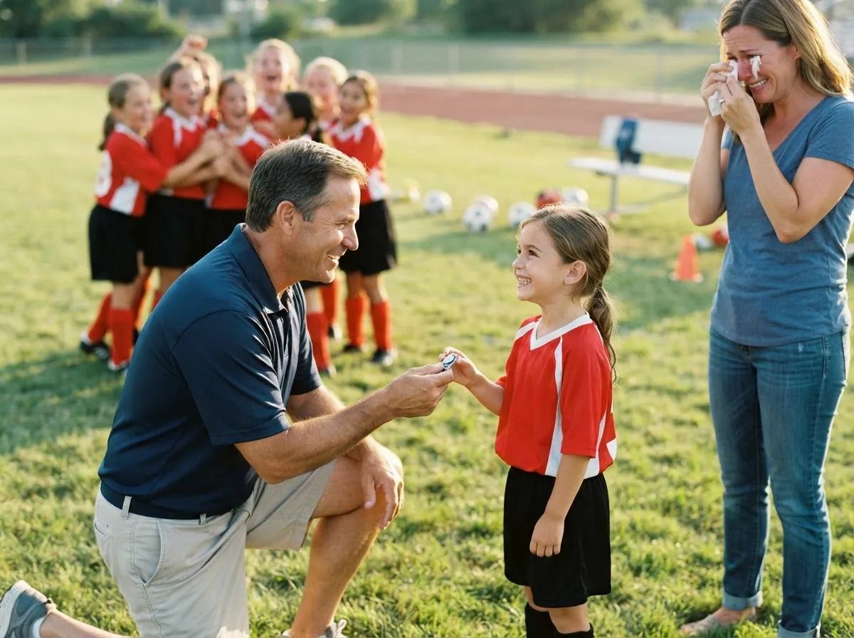Coach and young athlete share a proud emotional moment as teammates and parent celebrate nearby.