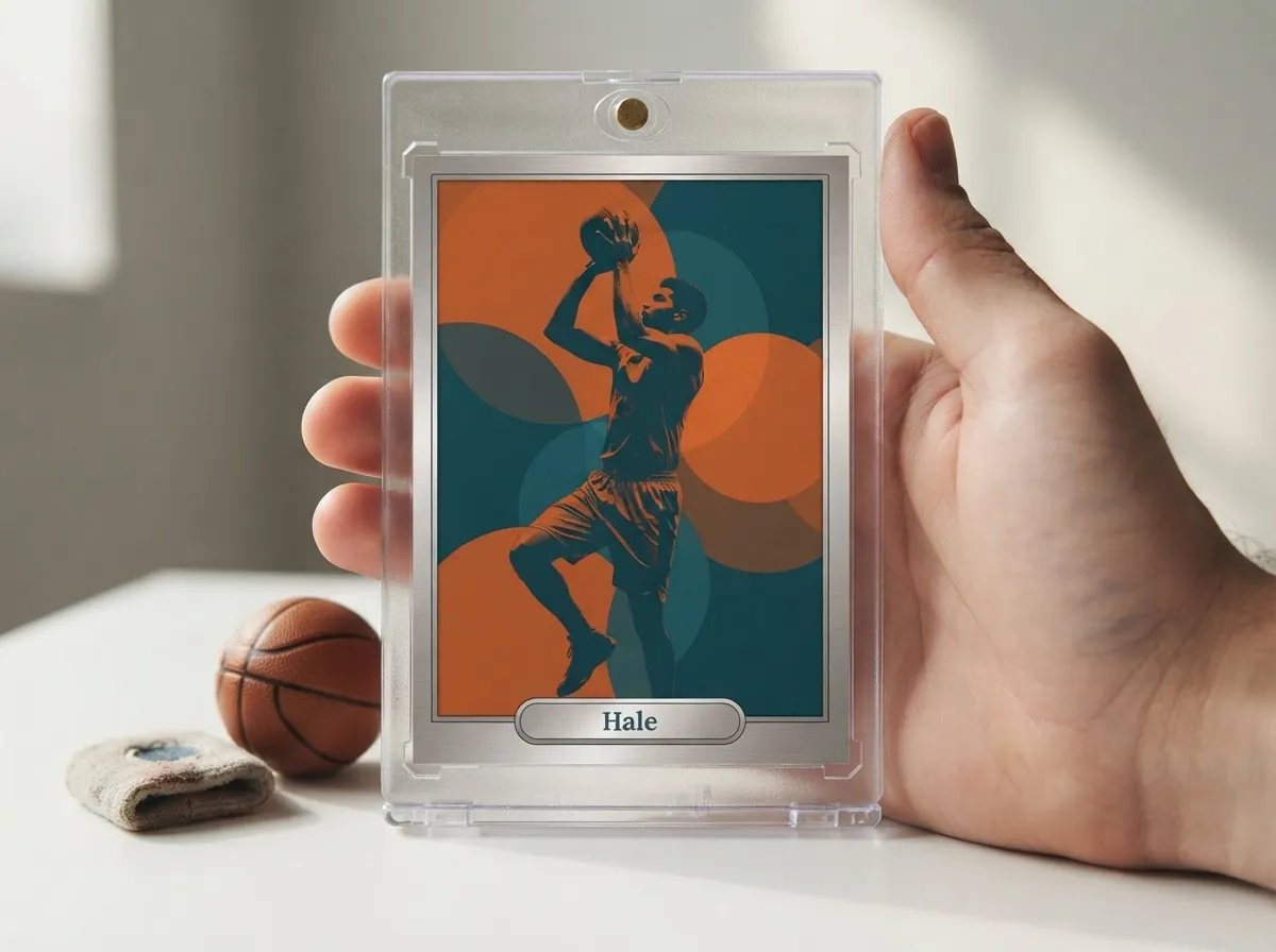 Custom sports trading card in magnetic case, duotone basketball design with metallic border.