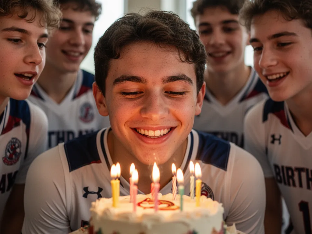 Young athlete beaming while blowing out birthday candles with teammates gathered around