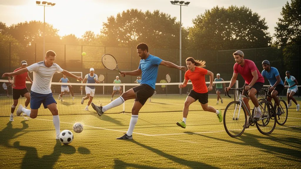 Multiple athletes competing in different sports simultaneously on an outdoor field with natural lighting