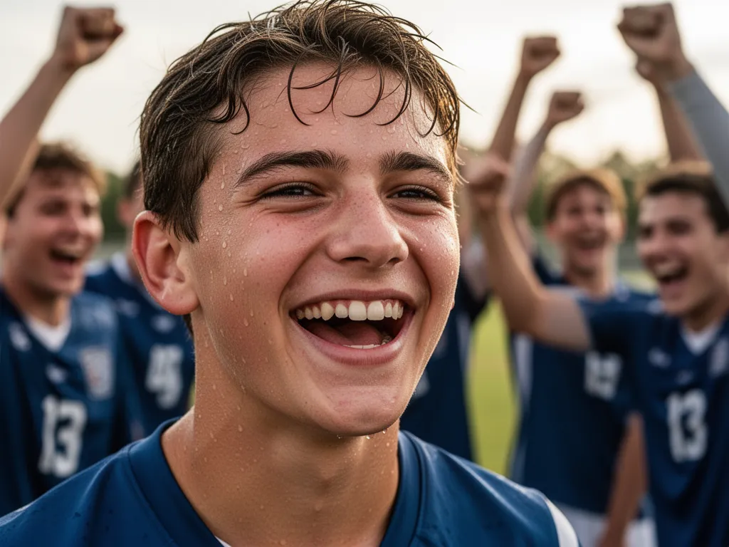 Close-up of athlete's joyful expression with celebrating teammates blurred in the background