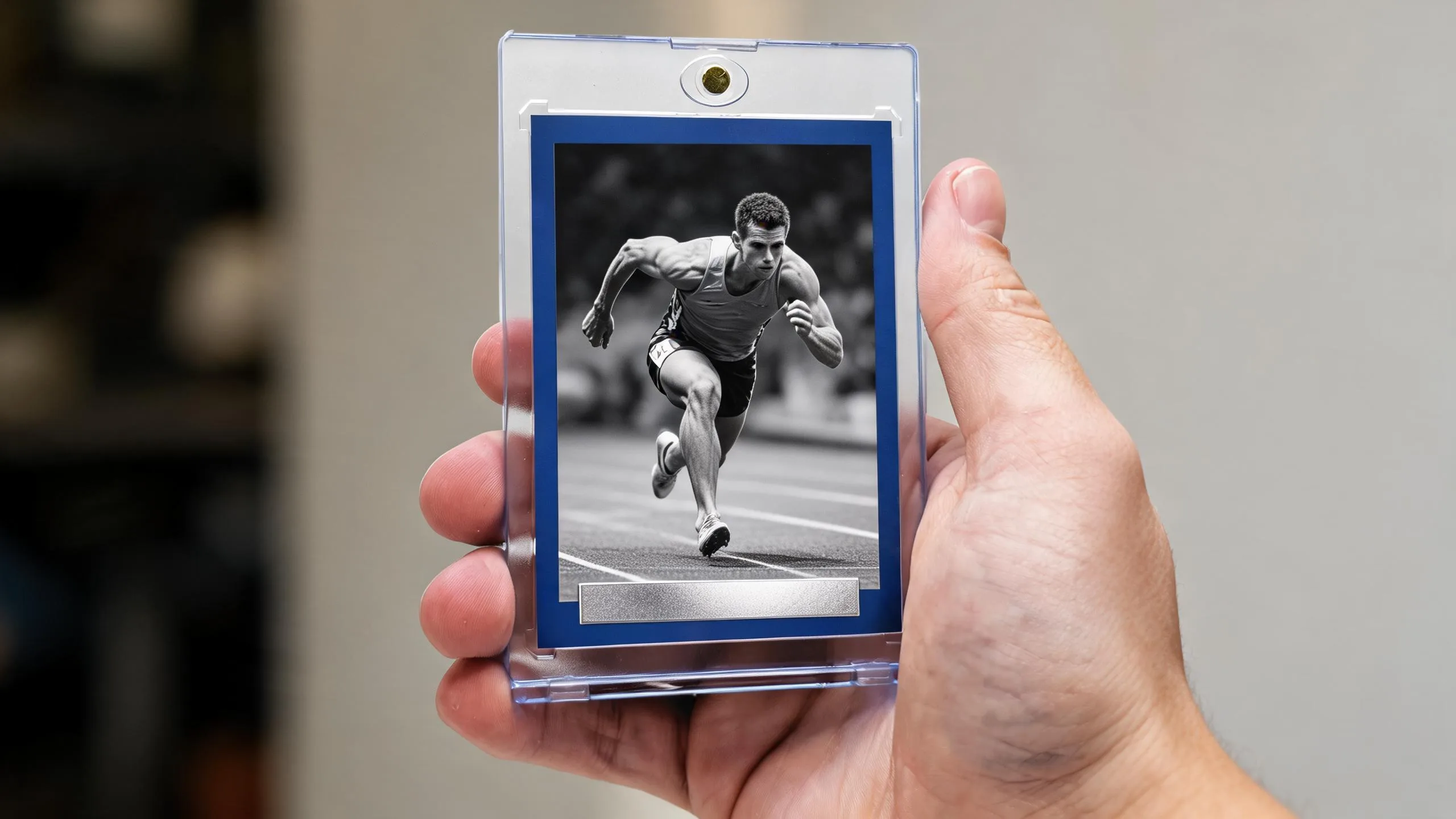 Hand holding magnetic case with black and white photography sports athlete card, blank foil tab, studio light.