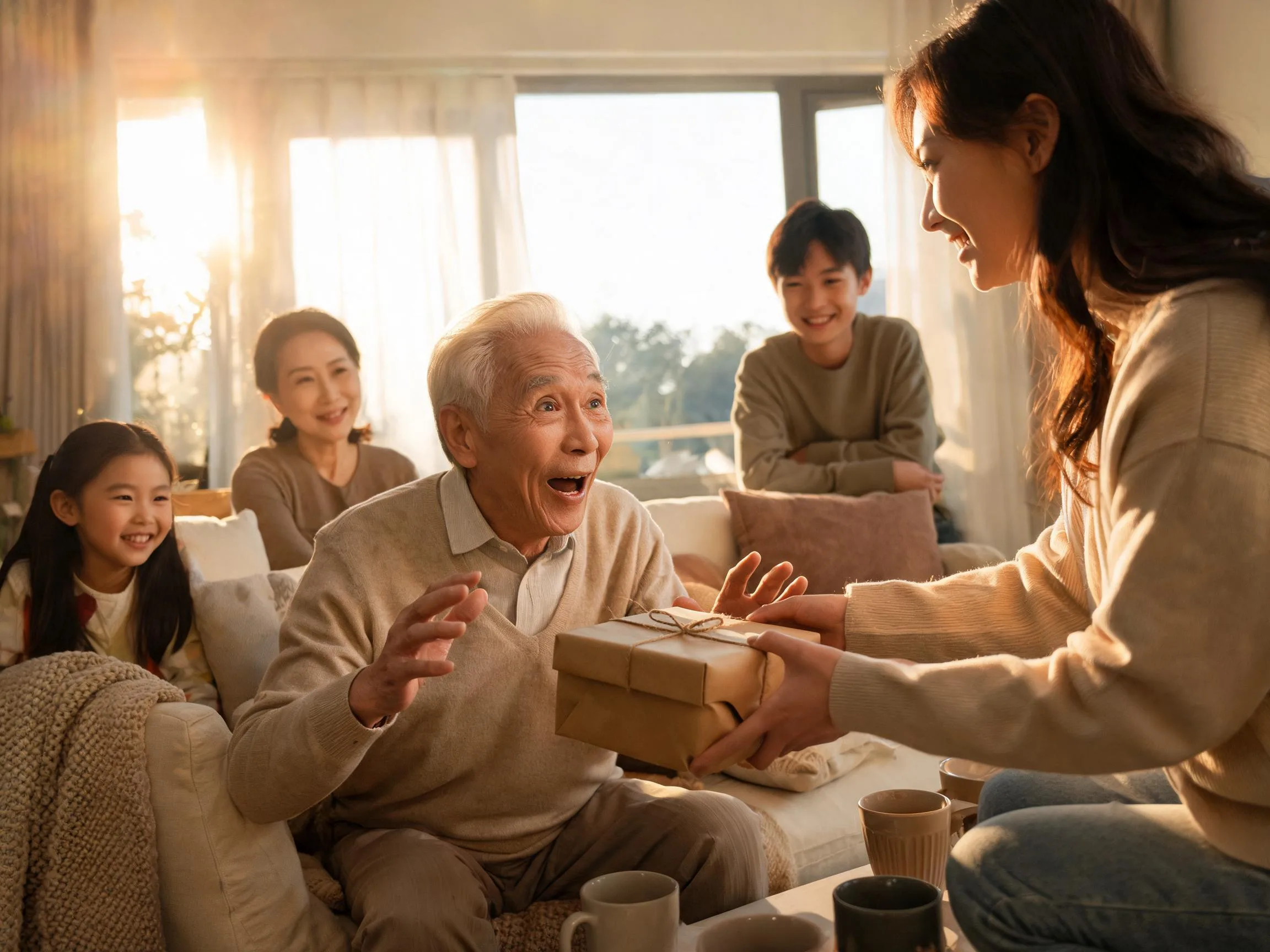 Elderly man reacts with genuine surprise receiving an unexpected gift from family, warm sunlight.
