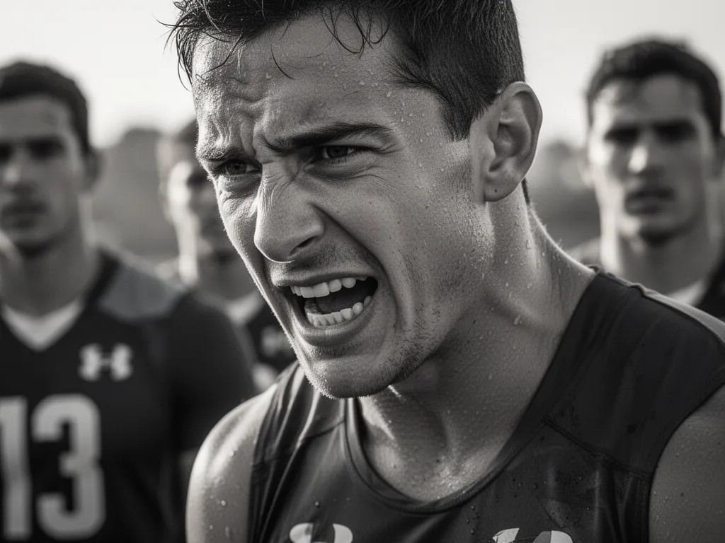 Close-up black and white portrait of determined athlete's face showing intense concentration during competition
