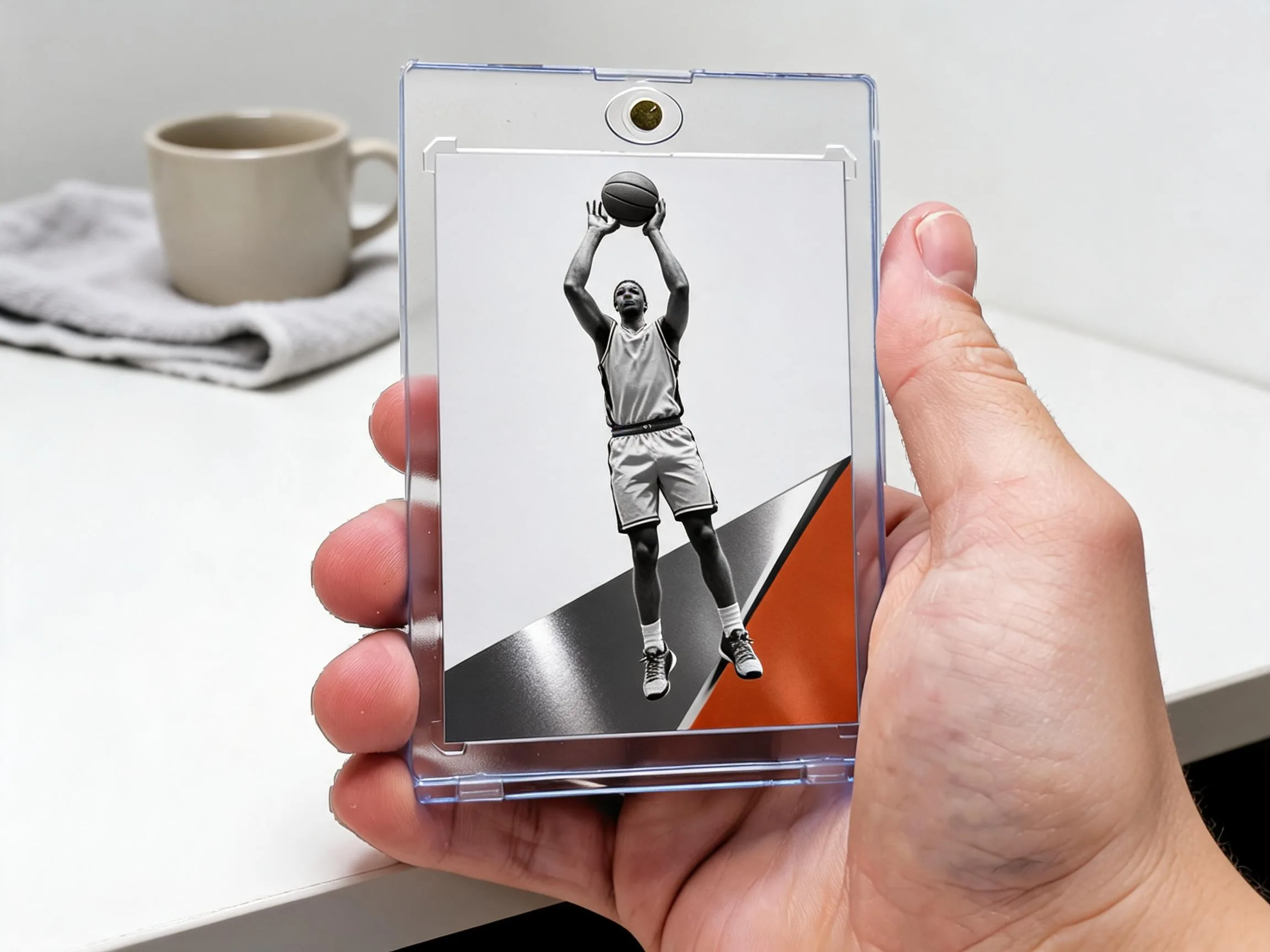 Custom keepsake trading card of a basketball player in a magnetic case on white tabletop.