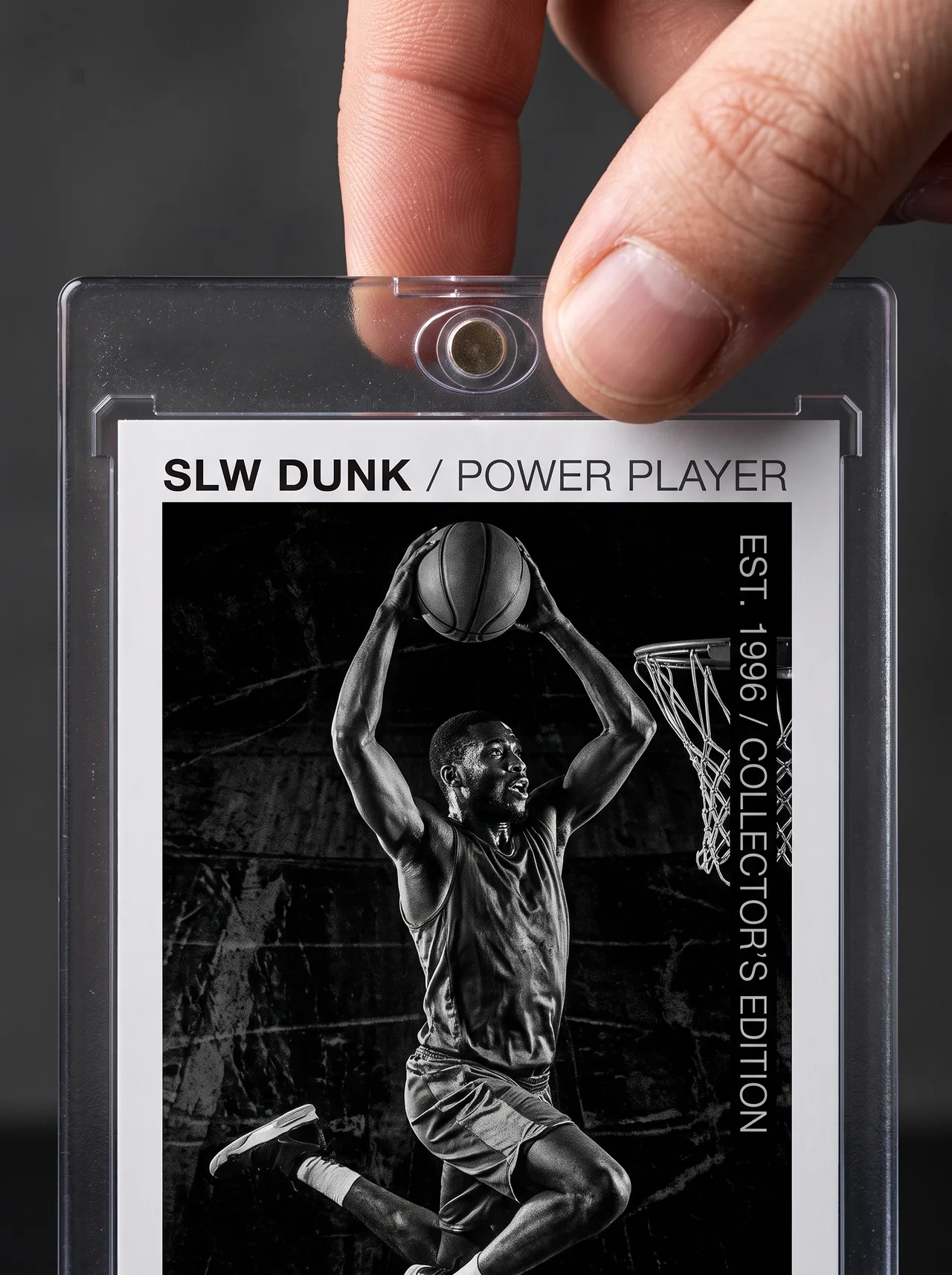 Custom black-and-white basketball trading card held between finger and thumb in its magnetic case