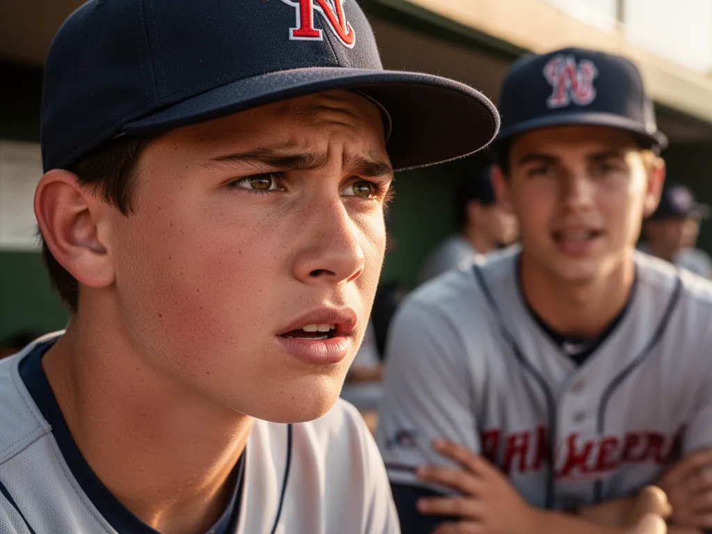Young baseball player's focused expression in dugout with supportive teammate nearby