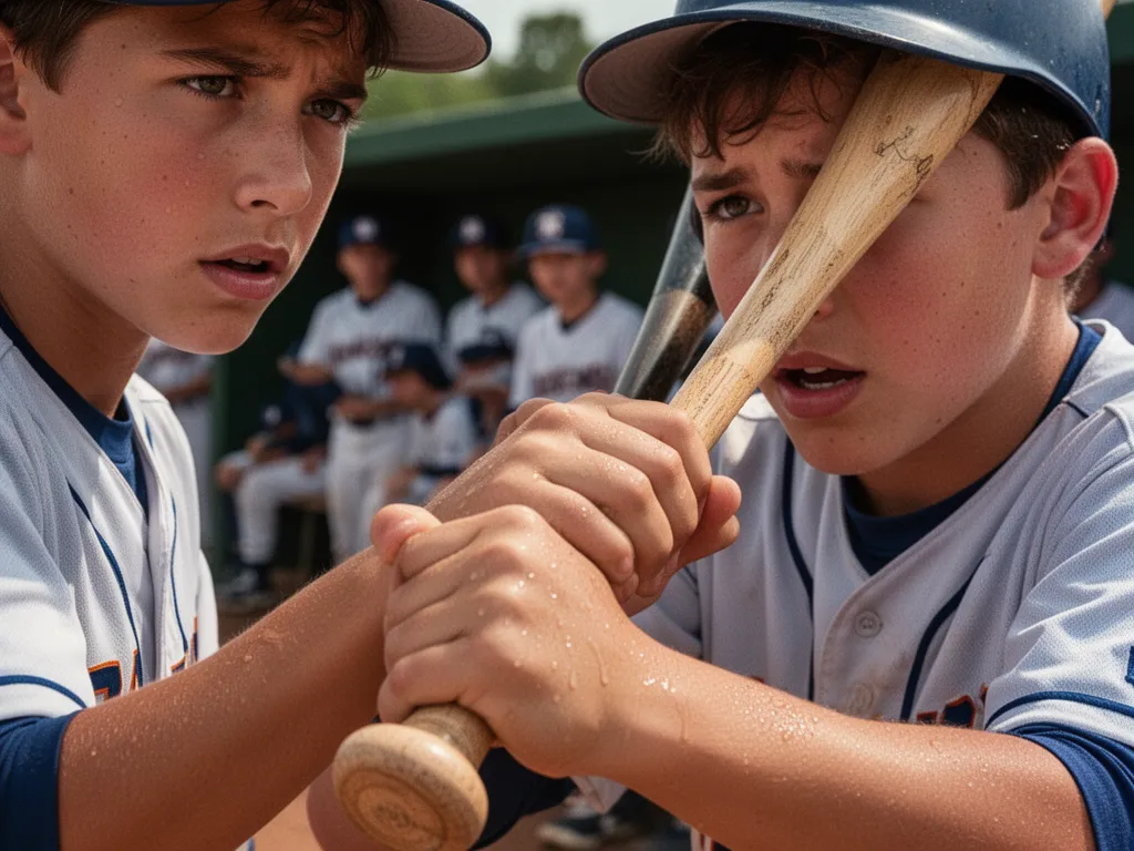 Young player's focused expression gripping bat with teammates visible in blurred dugout background