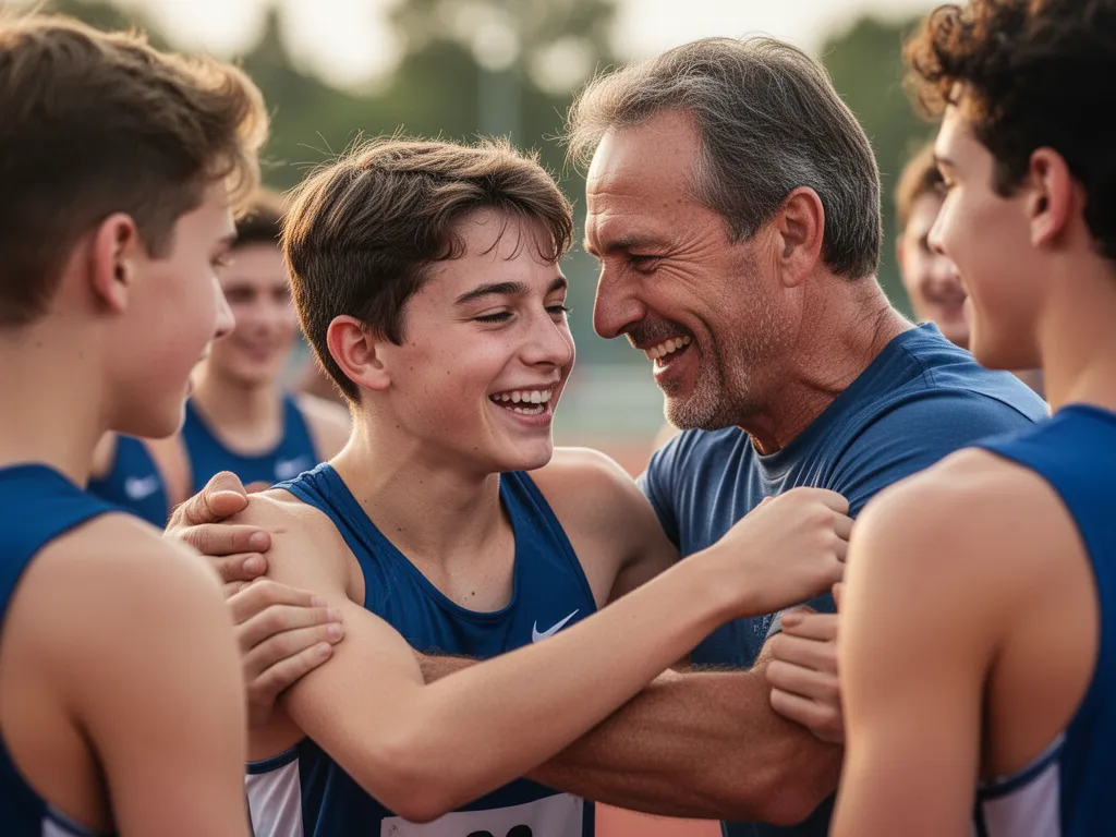 Young athlete celebrating with coach and teammates showing genuine joy and connection