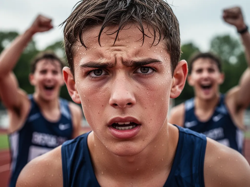 [determined young athlete's face during competition with blurred supportive teammates celebrating behind]