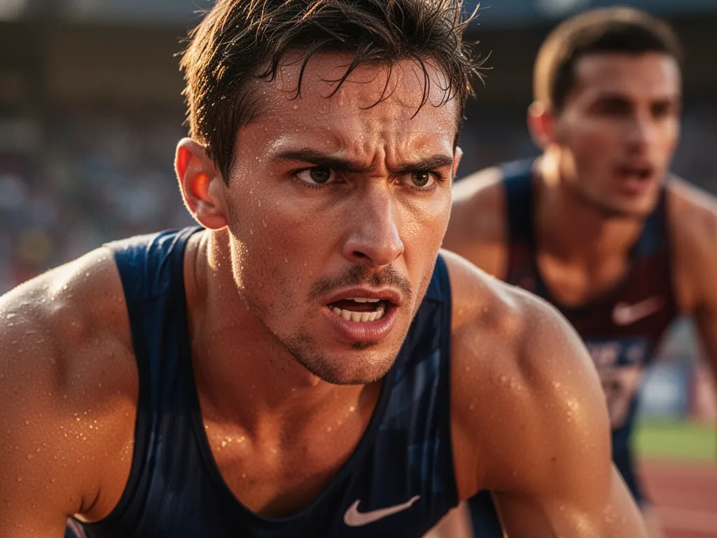 Close-up portrait of focused athlete showing determination and intensity during competitive sports performance moment