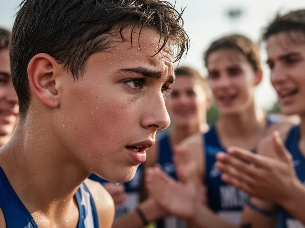 Athlete's concentrated face during competition with supportive teammates visible in soft background