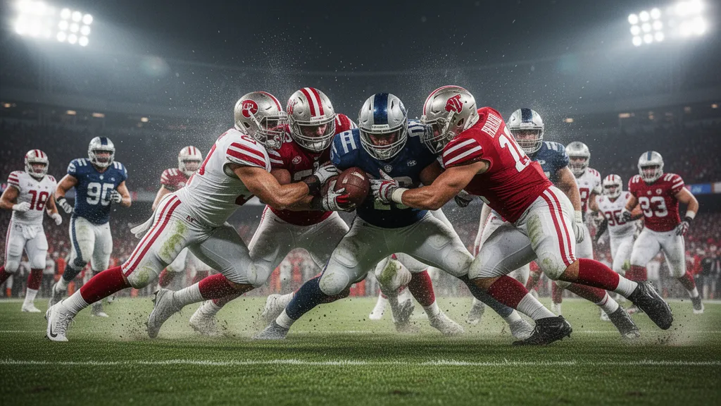 Football players in mid-action collision on grass field under bright stadium lighting