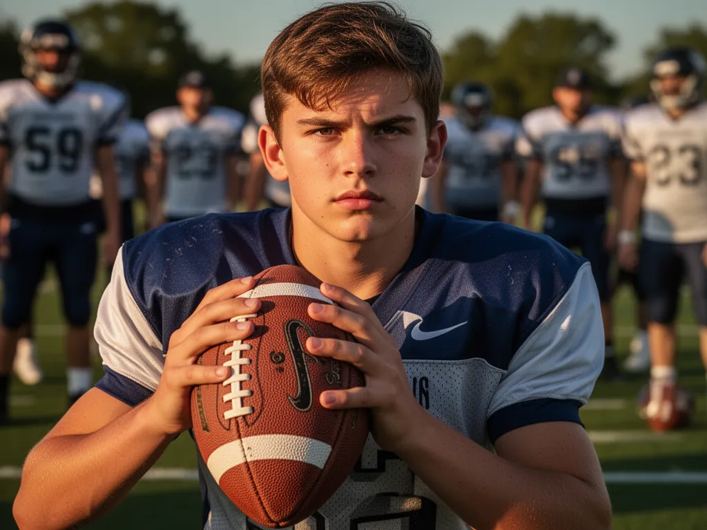 Young football player's focused hands gripping ball with determined expression during practice