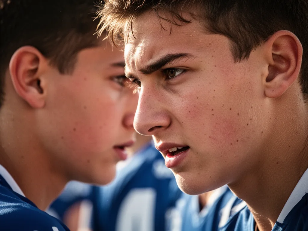 Young athlete displaying intense concentration and determination during competitive athletic event outdoors