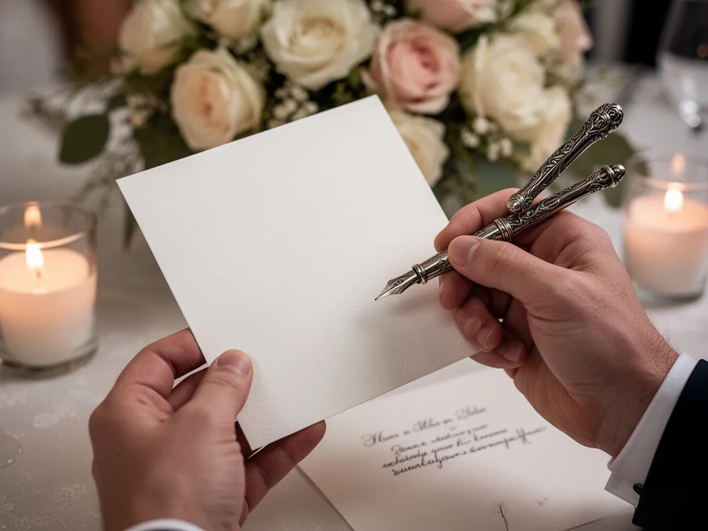 [Hands holding blank card with pen during intimate wedding card-writing moment]