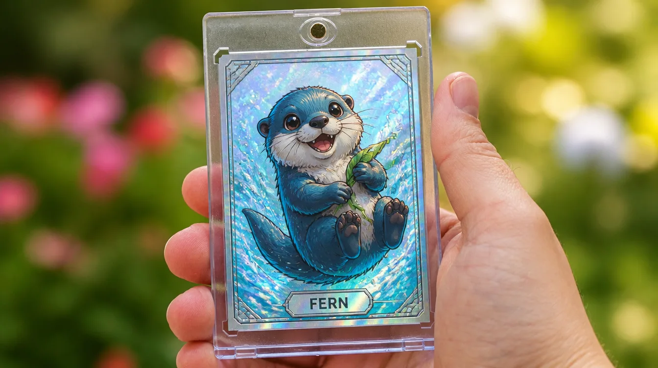 Custom creature card in a one-touch magnetic case, not a blank Pokemon card