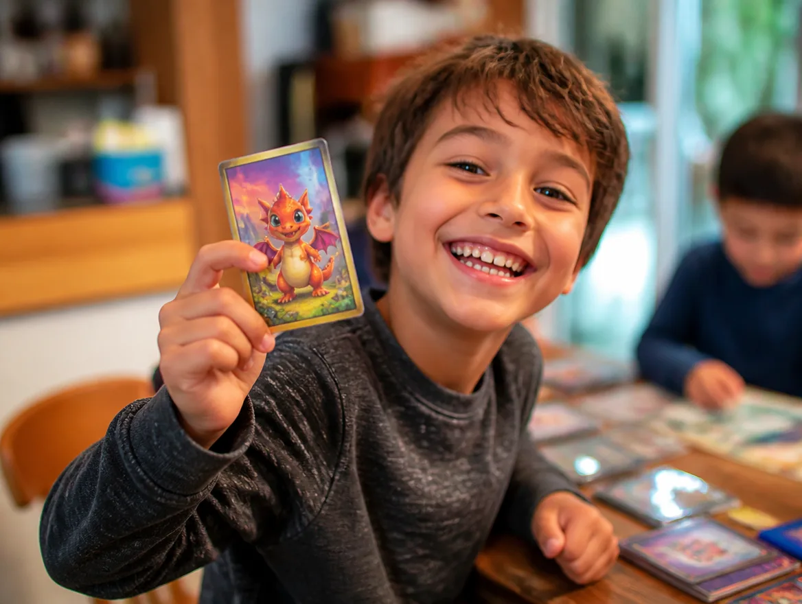 Excited kid holding a custom creature trading card